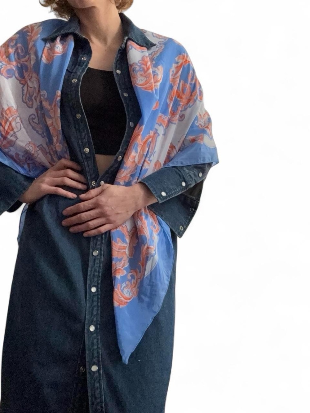 Large Vintage Y2K Club Monaco Light Blue and Coral Print 100% Silk Scarf